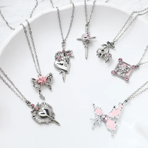 Sweet Zinc Alloy Pink Rhinestone Pendant Necklace For Women Girls Butterfly Heart Cross Y2K Ins Style Silver Plated Chain Necklace Jewelry Gift