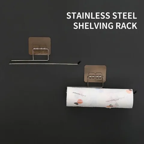 No-Drill Stainless Steel Kitchen Rag Holder Self-Adhesive Wall-Mounted Paper Towel Rack Bathroom Storage Hook Silver Organizer