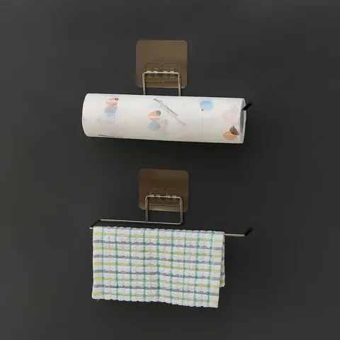 No-Drill Stainless Steel Kitchen Rag Holder Self-Adhesive Wall-Mounted Paper Towel Rack Bathroom Storage Hook Silver Organizer