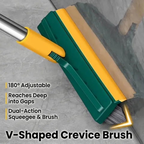 Floor Scrub Brush With Long Handle Squeegee Scraper Rotating V-Shaped Bristles For Bathroom Tile Grout Corner Cleaning