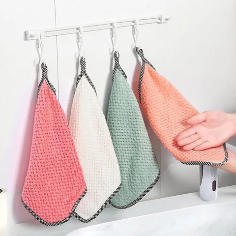 Hanging Coral Fleece Hand Towel Soft Highly Absorbent Pineapple Weave Dishcloth with Checkered Edging for Kitchen Bathroom