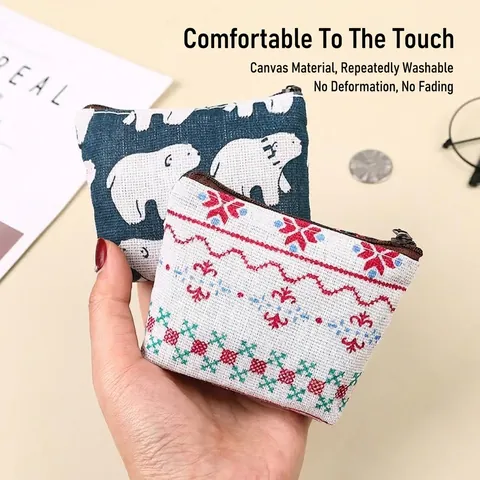 Mini Canvas Coin Purse Portable Cartoon Animal Print Zipper Wallet For Coins Keys Earphones Small Change Pouch For Women Men