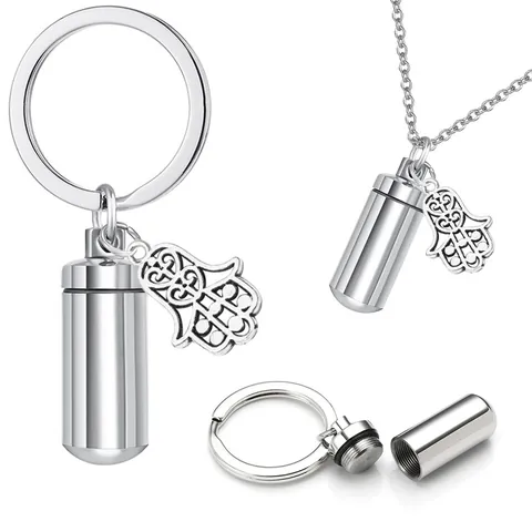 Collana Urna Commemorativa a Cilindro in Acciaio Inossidabile Pendente Mano di Fatima Per Ceneri Portachiavi Impermeabile Gioielli