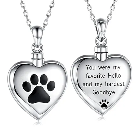 Stainless Steel Heart Paw Print Cremation Jewelry Urn Necklace For Pet Ashes Memorial Keepsake Engraved Pendant Necklace