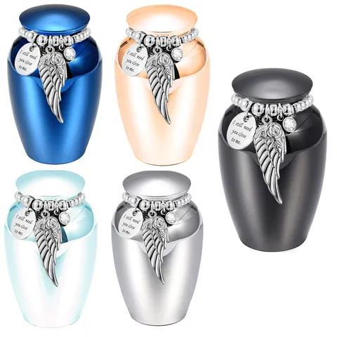 Small Aluminum Alloy Memorial Urn With Angel Wing Rose Rhinestone Charm Engraved Cremation Jar For Pet Human Ashes