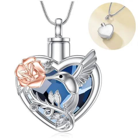 Stainless Steel Heart Cremation Urn Necklace For Ashes Memorial Keepsake Hummingbird Rose Rhinestone Pendant For Pet Human
