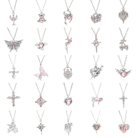 Sweet Zinc Alloy Pink Rhinestone Pendant Necklace For Women Girls Butterfly Heart Cross Y2K Ins Style Silver Plated Chain Necklace Jewelry Gift