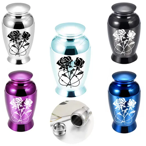 Aluminum Alloy Small Memorial Cremation Urn For Human Pet Ashes Rose Engraved Mini Keepsake Jar Funeral Container Metal Burial Reliquary