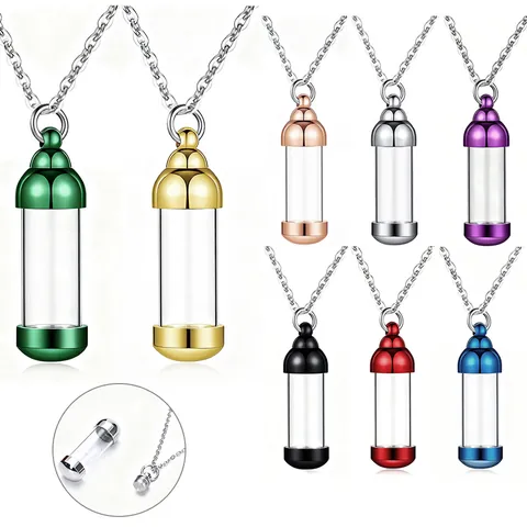 Stainless Steel Cremation Pendant Necklace Clear Glass Tube Urn Keepsake For Pet Loved Ones Ash Hair Memorial Jewelry