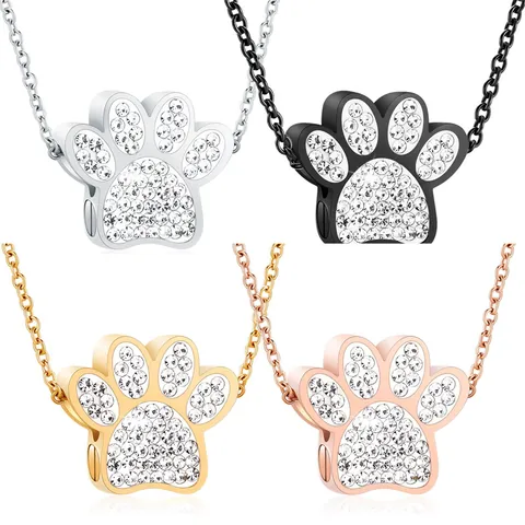 Stainless Steel Paw Print Urn Necklace For Pet Ashes Memorial Cremation Jewelry Rhinestone Inlaid Openable Keepsake Pendant Necklace
