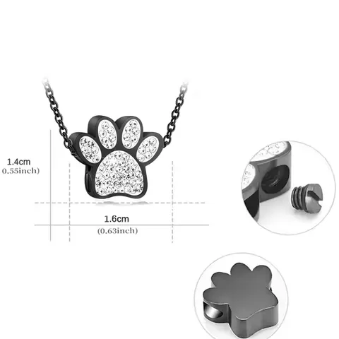 Stainless Steel Paw Print Urn Necklace For Pet Ashes Memorial Cremation Jewelry Rhinestone Inlaid Openable Keepsake Pendant Necklace