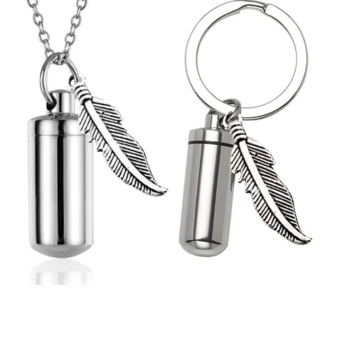 Stainless Steel Tree Of Life Urn Necklace Cylinder Memorial Cremation Ashes Pendant Keychain Feather Leaf Charm Commemorative Jewelry For Pet Human