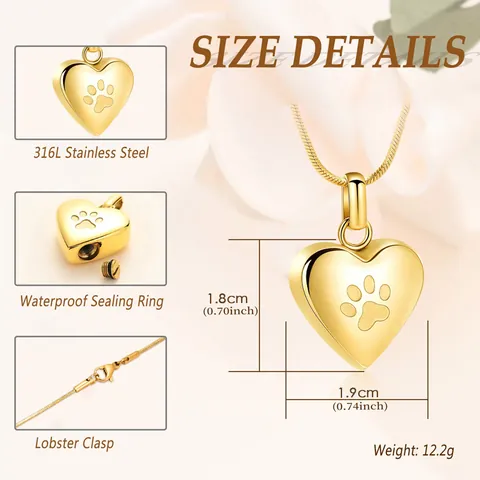 Heart Stainless Steel Cremation Memorial Urn Pendant Necklace For Pet Ashes Always In My Heart Paw Print Keepsake Jewelry For Women Men