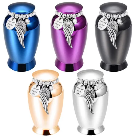 Aluminum Alloy Pet Cremation Urn Memorial Jar For Ashes With Angel Wing Heart Charm And Rhinestone Engraved Keepsake Holder