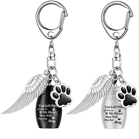 Stainless Steel Pet Cremation Urn Keychain For Ashes Memorial Keepsake Angel Wing Paw Print Charm Cylinder Keyring