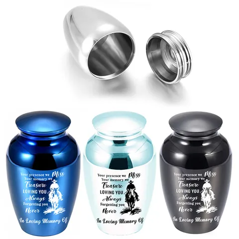 Aluminum Alloy Memorial Cremation Urn For Human Pet Ashes Hair Mini Keepsake Jar Laser Engraved Cowboy Pattern Memorial Poem Funeral Keepsake