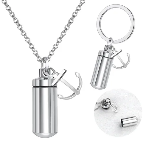 Stainless Steel Memorial Ash Urn Pendant Necklace Cylinder Openable Perfume Bottle Anchor Charm Unisex Jewelry Keychain