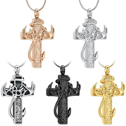 Antler Cross Stainless Steel Urn Necklace Memorial Cremation Ashes Pendant Necklace For Pet Loved Ones Jewelry For Unisex