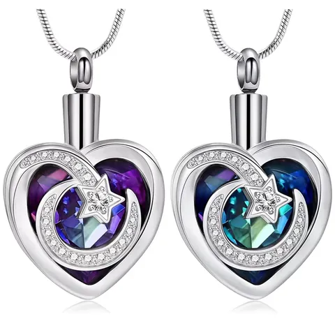 Collier Urne en Acier Inoxydable Cœur Lune Étoile pour Cendres de Mémorial d'Animaux Pendentif Strass Bijoux de Crémation