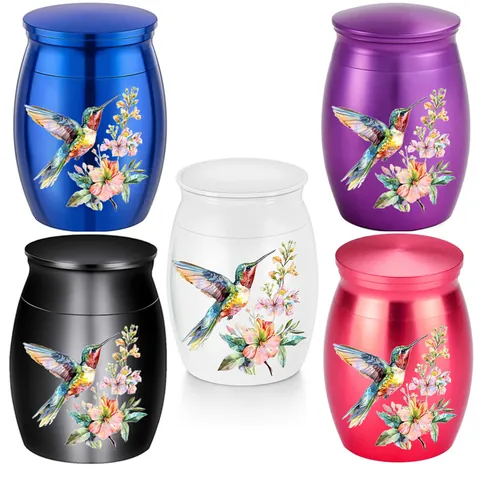 Mini Pet Cremation Urn Aluminum Alloy Memorial Keepsake Jar With Hummingbird Flower Pattern For Pet Ashes Hair Fur