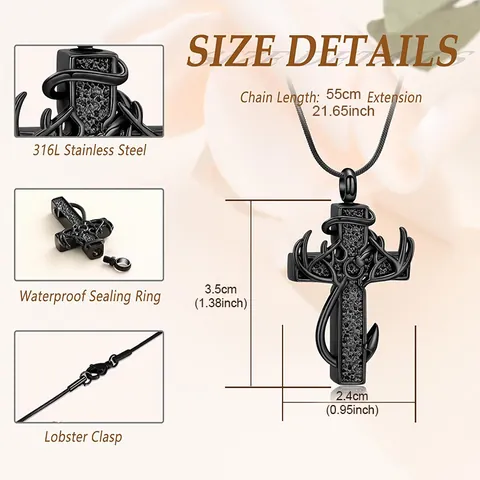 Antler Cross Stainless Steel Urn Necklace Memorial Cremation Ashes Pendant Necklace For Pet Loved Ones Jewelry For Unisex