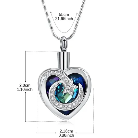Collier Urne en Acier Inoxydable Cœur Lune Étoile pour Cendres de Mémorial d'Animaux Pendentif Strass Bijoux de Crémation