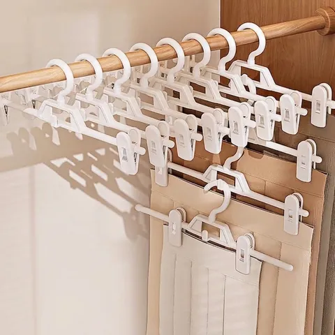 Non-marking Plastic Pants Hanger With Clips Adjustable Anti-slip Space Saving Stackable Closet Storage Rack For JK Skirt Trousers