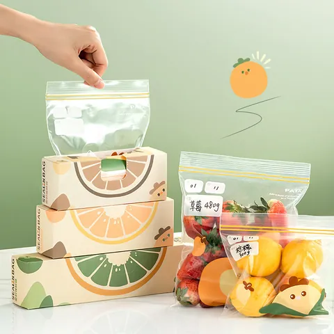 Thick PE Food Storage Bag Boxed Pull Out Double Seal Leakproof Refrigerator Freezer Fresh Keeping Bag With Writing Label Cartoon Pattern For Kitchen Organization