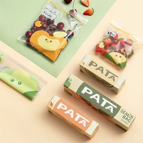 Thick PE Food Storage Bag Boxed Pull Out Double Seal Leakproof Refrigerator Freezer Fresh Keeping Bag With Writing Label Cartoon Pattern For Kitchen Organization