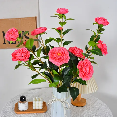 Artificial 4 Heads Camellia Branch Silk Cloth Faux Flowers For Home Wedding Decoration Arrangement 61cm