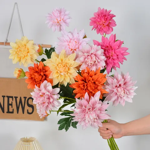Artificial 3-Head Dahlia Silk-like Fabric Flower Stem For Wedding Home Decor Modern Minimalist Faux Floral Arrangement Gift
