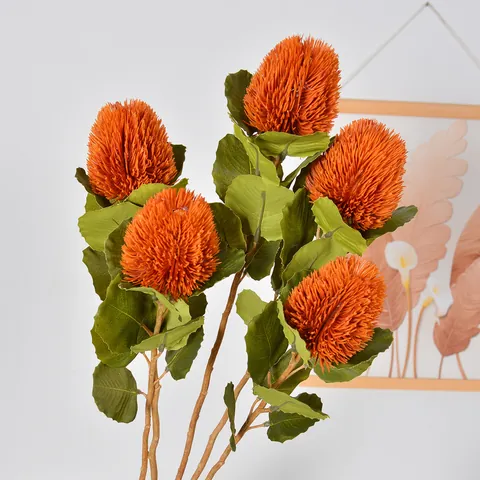 Nordic Vintage Artificial Banksia Flower Single Stem Autumn Color Faux Silk Flower Arrangement For Home Office Wedding Decor