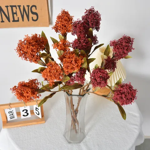 Artificial Skimmia Berry Branch Soft Glue Inula Flower 3-Prong Faux Plant Silk Cloth Foliage For Home Wedding Decor