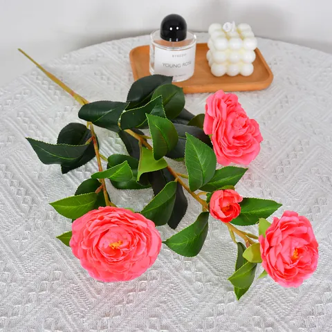 Artificial 4 Heads Camellia Branch Silk Cloth Faux Flowers For Home Wedding Decoration Arrangement 61cm
