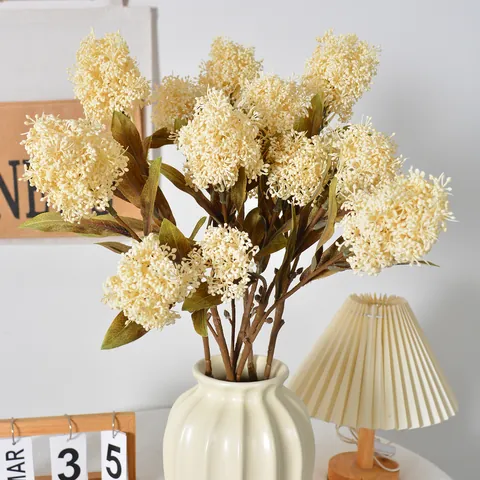 Artificial Skimmia Berry Branch Soft Glue Inula Flower 3-Prong Faux Plant Silk Cloth Foliage For Home Wedding Decor