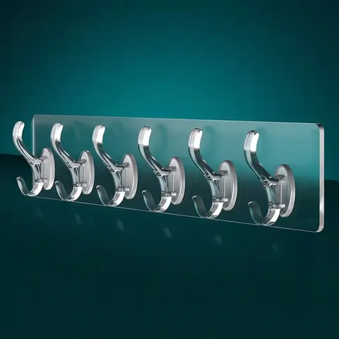 Transparent Self Adhesive Wall Multi Hook Strip Heavy Duty Punch Free No Trace Hook Row For Bathroom Kitchen Storage Organization