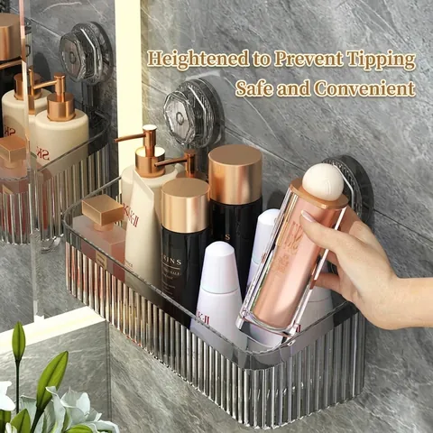 Lujoso Estante de Almacenamiento con Ventosa de PET Transparente de Pared Sin Taladro Cesta Organizadora de Baño Con Ganchos