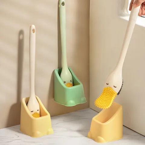 Creative Duck Shape Silicone Toilet Brush Set With Wall Mounted Base Long Handle Soft Bristle Bathroom Cleaning Tool