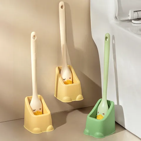Creative Duck Shape Silicone Toilet Brush Set With Wall Mounted Base Long Handle Soft Bristle Bathroom Cleaning Tool