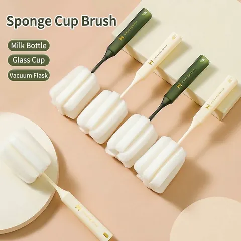 Long Handle Cup Brush Sponge Bottle Cleaner For Glasses Baby Bottles Coffee Mugs Scouring Pad Kitchen Cleaning Tool Hanging Hole