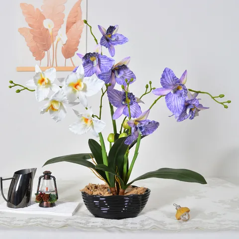 Soft Rubber Artificial Cattleya Orchid Branch With Multiple Heads And Green Leaves For Home Wedding Party Decoration Realistic Vase Flower