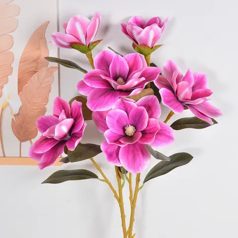 Rama de Magnolia Realista de PVC EVA de 3 Cabezas Para Decoración del Hogar de Boda Tallo Floral Artificial Centro de Mesa