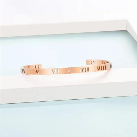 Titanstahl Roségold Armreif Für Damen Römische Zahlen Strass Hohl Graviert Verstellbar Bangle Mode Schmuck