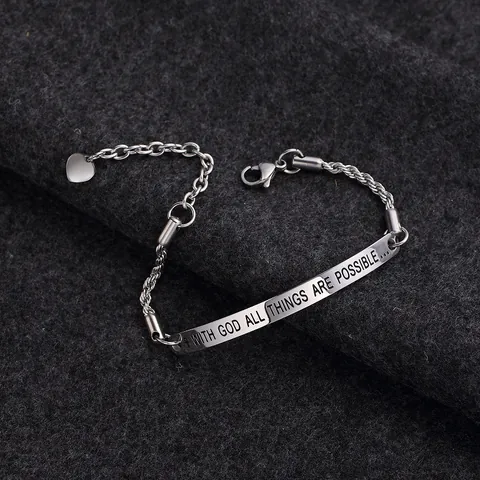Christian Stainless Steel Curved Bar Bracelet With God All Things Are Possible Cross Heart Charm Religious Jewelry Gift