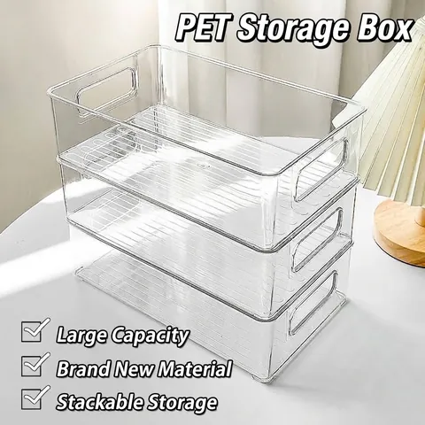 Klar PET Stapelbare Aufbewahrungsbox Kühlschrank Schreibtisch Organizer Korb Mit Griffen Lebensmittel Make-up Aufbewahrungsbehälter