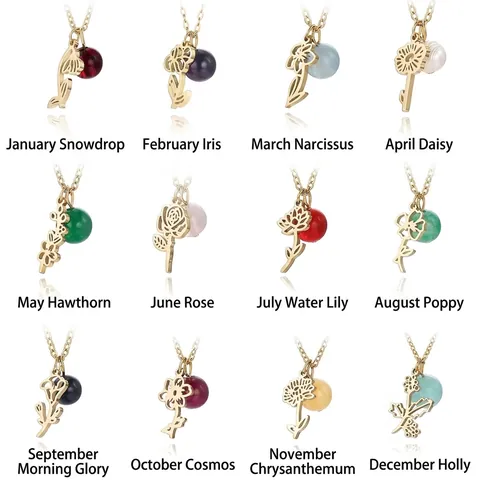 Birth Month Flower Necklace For Women Gold Titanium Steel Hollow Flower Pendant Simulated Birthstone Bead Jewelry Gift