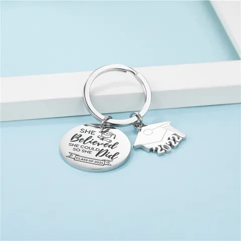 Stainless Steel Graduation Keychain 2022 For Women She Believed She Could So She Did Inspirational Letter Cap Charm Souvenir