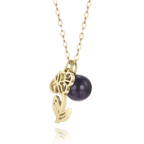 Birth Month Flower Necklace For Women Gold Titanium Steel Hollow Flower Pendant Simulated Birthstone Bead Jewelry Gift