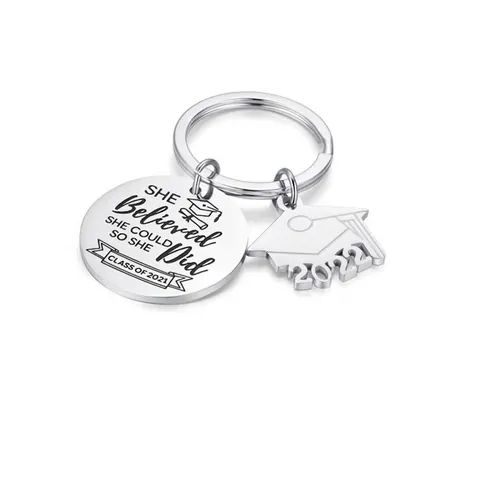 Stainless Steel Graduation Keychain 2022 For Women She Believed She Could So She Did Inspirational Letter Cap Charm Souvenir