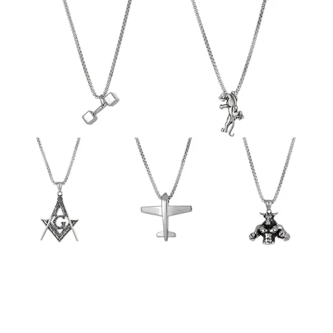 Retro Stainless Steel Pendant Necklace For Men Hip Hop Punk Rock Freemasonry Aircraft Dumbbell Lion Bull Head Necklace Jewelry